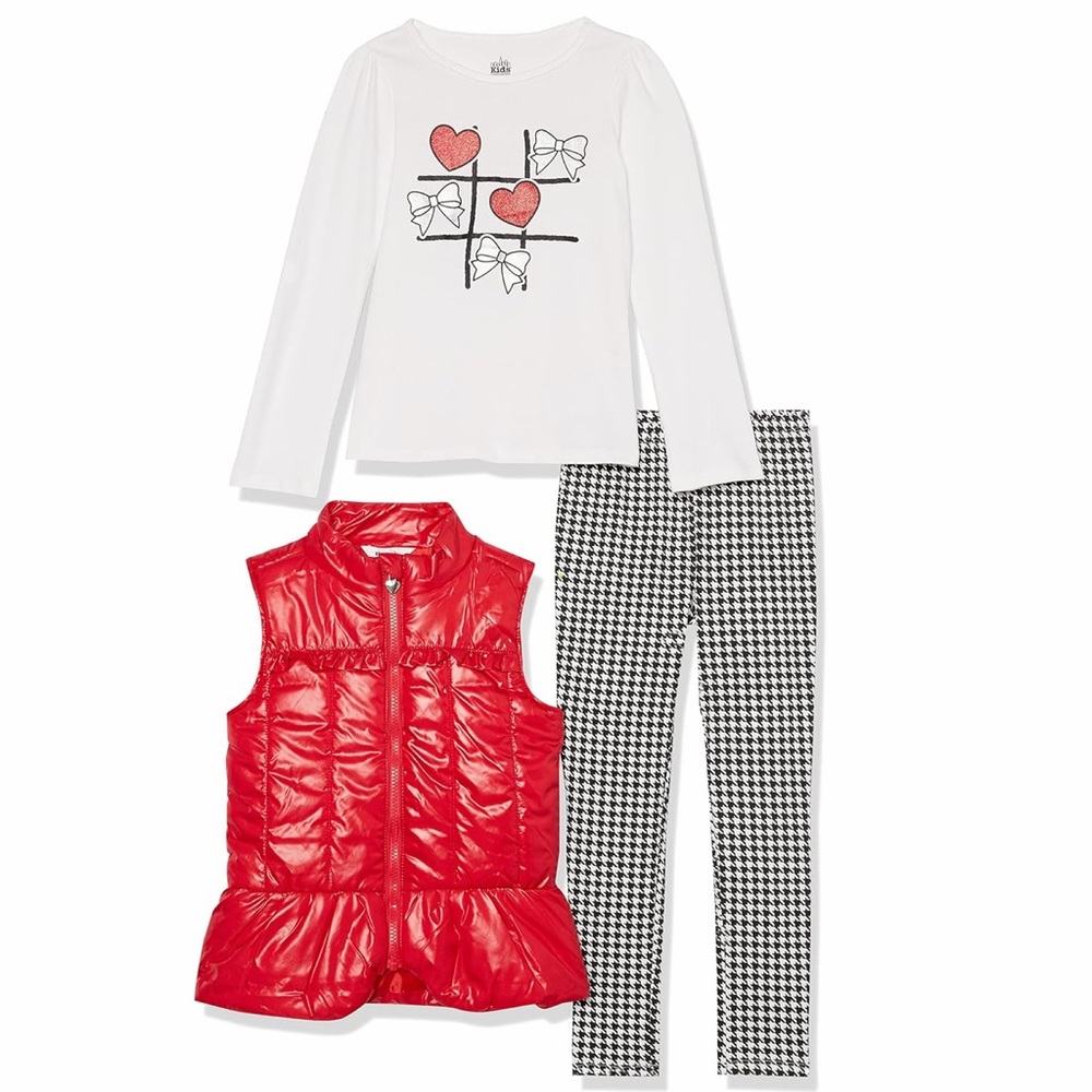 Kids Headquarters 2T Girls 3pc Outfit Red Vest Houndstooth‎ Set